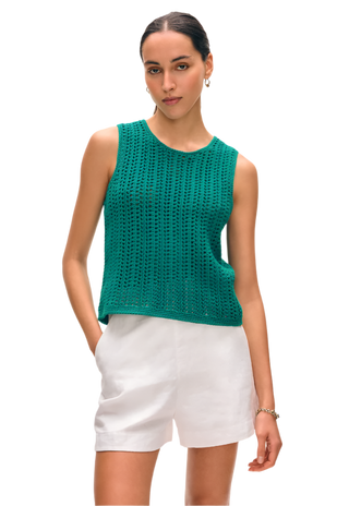 White + Warren - Lofty Cotton Crochet Tank - Deep Teal