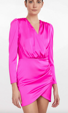 Load image into Gallery viewer, Generation Love - Miley Stretch Satin Faux Wrap Mini Dress - Hot Pink
