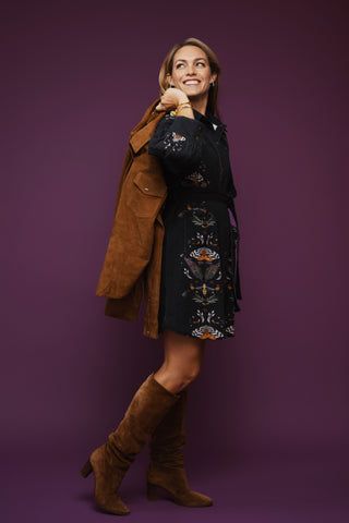 Never A Wallflower - Black Curio Printed Denim Shirtdress - Vintage Black