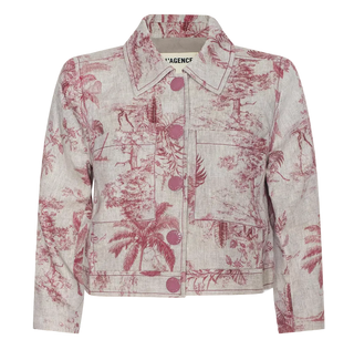 L'Agence - Eda Linen 3/4 Sleeve Cropped Jacket - Tan/Deep Rose Jungle Toile