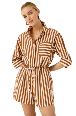 Marie Oliver - Dakota Long Sleeved Poplin Playsuit - Coffee/Cream