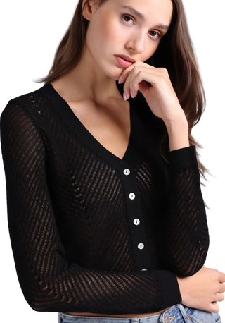 Minnie Rose - Open Pointelle Cropped Cardigan Sweater - Black