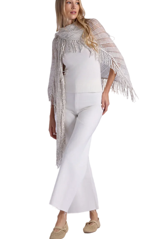 Minnie Rose - Sequin Pointelle Stripe Fringe Shawl - Sand