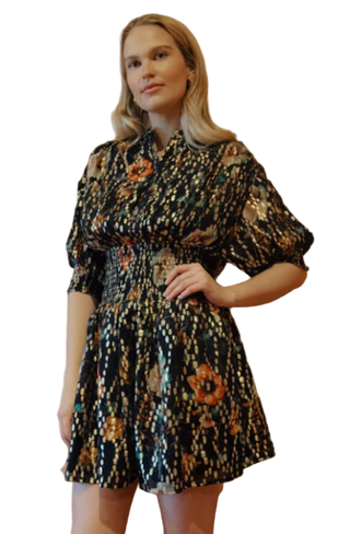 Never A Wallflower - Cynthia Mini Dress - Dark Floral/Metallic