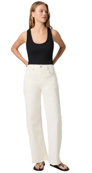 Paige - Arellia Skimmer Contrast Stitch Barrel Leg Jean - Ecru/Taupe