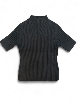 White + Warren - Cashmere Ribbed Short Sleeve Mockneck Sweater - Black