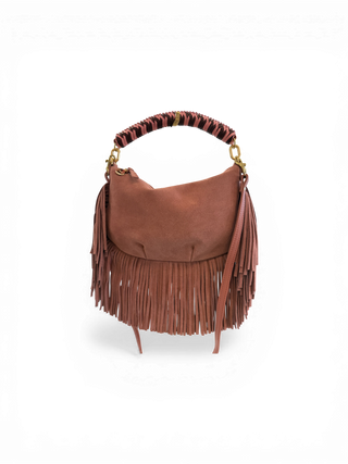 Clare V. - Petit Moyen Suede Fringe Handbag w Braided Leather Top Handle- Rose Clay