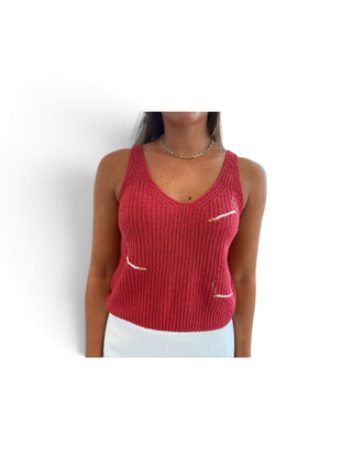 ALIBI Campus - Cig Embroidered Knit V Neck Tank - Red