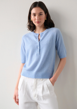 Load image into Gallery viewer, White + Warren - Cashmere Short Sleeve Henley Sweater - Cornflower Heather
