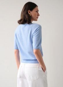 White + Warren - Cashmere Short Sleeve Henley Sweater - Cornflower Heather