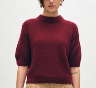 White & Warren - Featherweight Cashmere Puff Sleeve Crew Sweater - Sangria