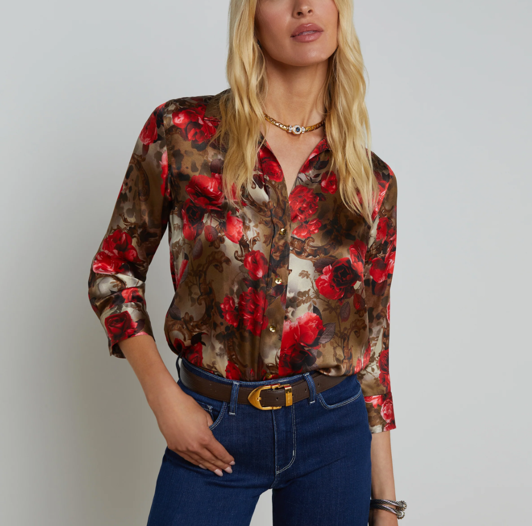 L'Agence - Dani 3/4 Sleeve Silk Blouse - Army/Pink Floral Cheetah