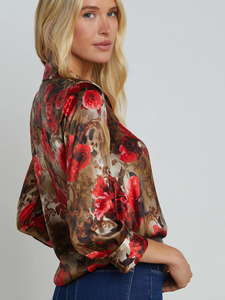 L'Agence - Dani 3/4 Sleeve Silk Blouse - Army/Pink Floral Cheetah