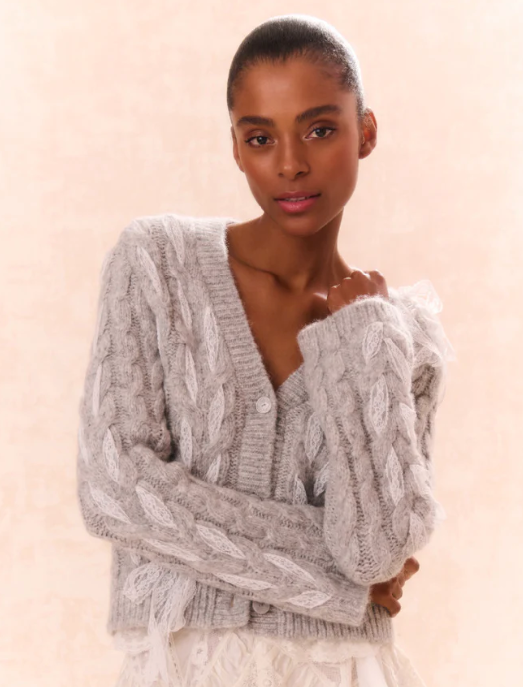 LoveShackFancy - Louella Cable Knit Cardigan - Silver Mist