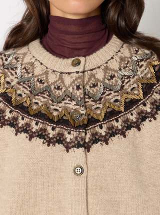 Berenice - Embellished Fair Isle Wool Cardigan - Beige
