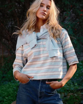 perfectwhitetee - Daria 3/4 Sleeve Rugby Shirt - Powder Blue Stripe