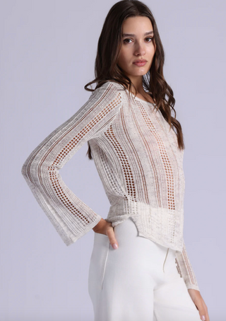 Minnie Rose - Sequin Pointelle Stripe Boat Neck Long Sleeve Top - Sand