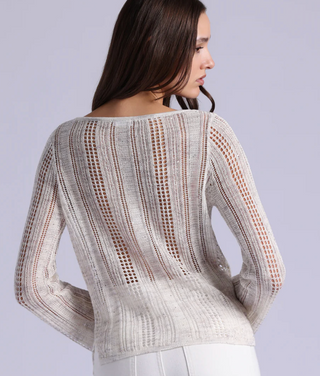 Minnie Rose - Sequin Pointelle Stripe Boat Neck Long Sleeve Top - Sand