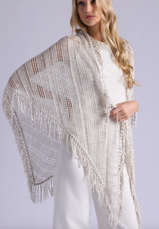 Minnie Rose - Sequin Pointelle Stripe Fringe Shawl - Sand