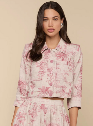 L'Agence - Eda Linen 3/4 Sleeve Cropped Jacket - Tan/Deep Rose Jungle Toile