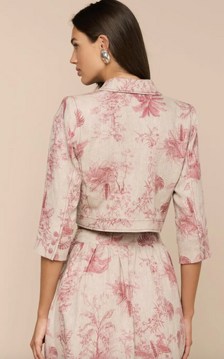 L'Agence - Eda Linen 3/4 Sleeve Cropped Jacket - Tan/Deep Rose Jungle Toile