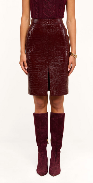 L'Agence - Violetta Embossed Vegan Leather Skirt - Dark Port Croc