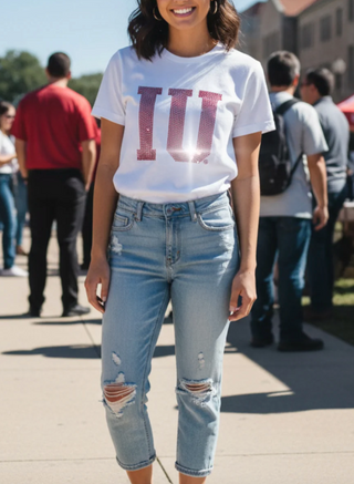 ALIBI Campus - IU Crystal Embellished Crewneck Tee Shirt - White/Red Crystal