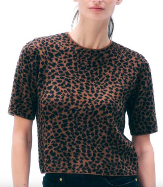 White & Warren - Cashmere Leopard Print Tee Shirt - Cedarwood/Black