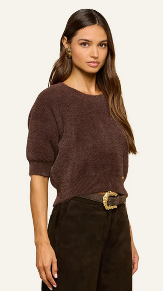 L'Agence - Guinevere Cropped Fuzzy Pullover Sweater - Dark Java