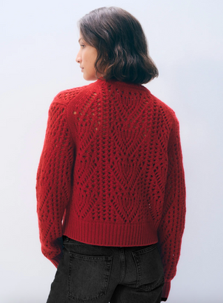 White & Warren - Wool/Cashmere Pointelle Knit Crewneck Sweater - Chili Red