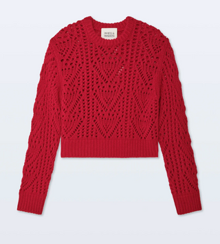 White & Warren - Wool/Cashmere Pointelle Knit Crewneck Sweater - Chili Red