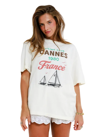 Sunny Somewhere - Sailing Club Cannes Oversized Tee - Cream/Multi