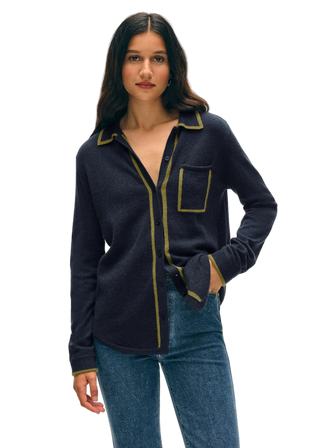 White + Warren - Cashmere Tipped Button Down Shirt - Deep Navy/Bright Olive