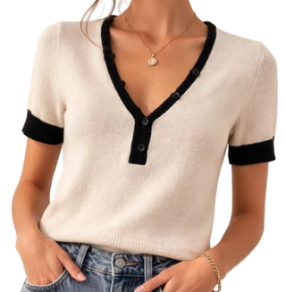 White & Warren - Cotton Boucle Henley Short Sleeve Top - Ivory/Midnight