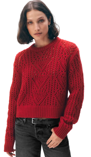 White & Warren - Wool/Cashmere Pointelle Knit Crewneck Sweater - Chili Red