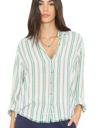 Xirena - Bowie Linen Button Up Shirt - Blue Moss Stripe