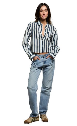 perfectwhitetee - Naomi Cropped Poplin Button Down Shirt - Sugar/Navy Stripe