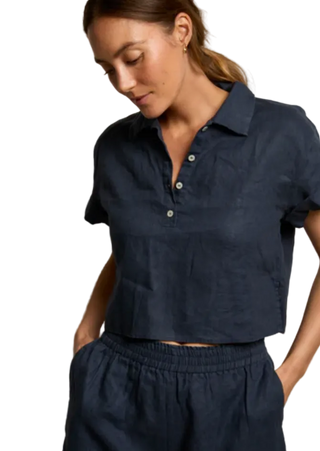 perfectwhitetee - Tabitha Cropped Linen Polo Tee Shirt