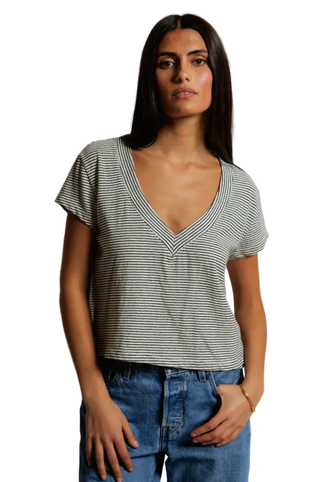 perfectwhitetee - Val Hemp Cotton V Neck Tee Shirt - Natural/Black Stripe