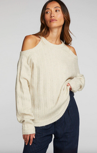 Chaser - Sequin Knit Cold Shoulder Sweater - Cream
