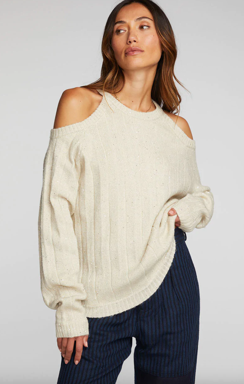 Chaser - Sequin Knit Cold Shoulder Sweater - Cream – ALIBI