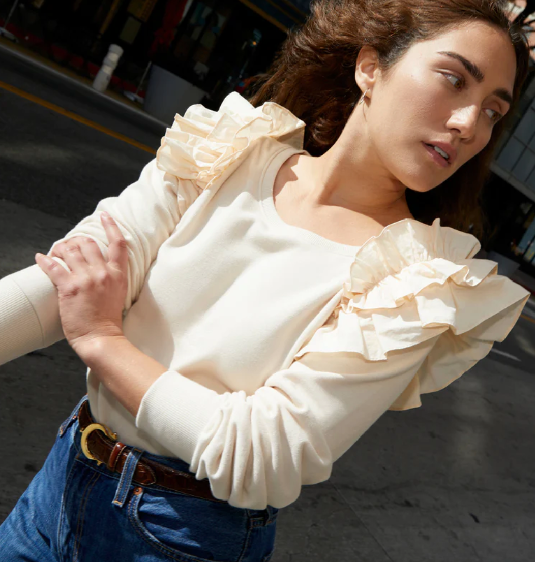 White ruffle online sweatshirt